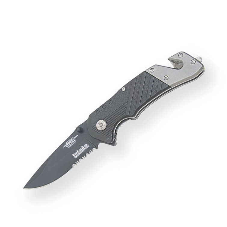 Tactical folding knife with two-tone aluminum handle and 8 cm semi-serrated blade