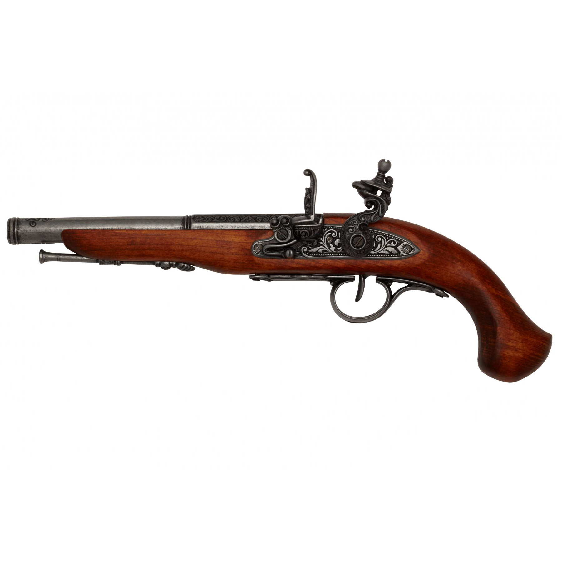 Pistola de pederneira para canhotos do século XVIII feita de madeira e metal