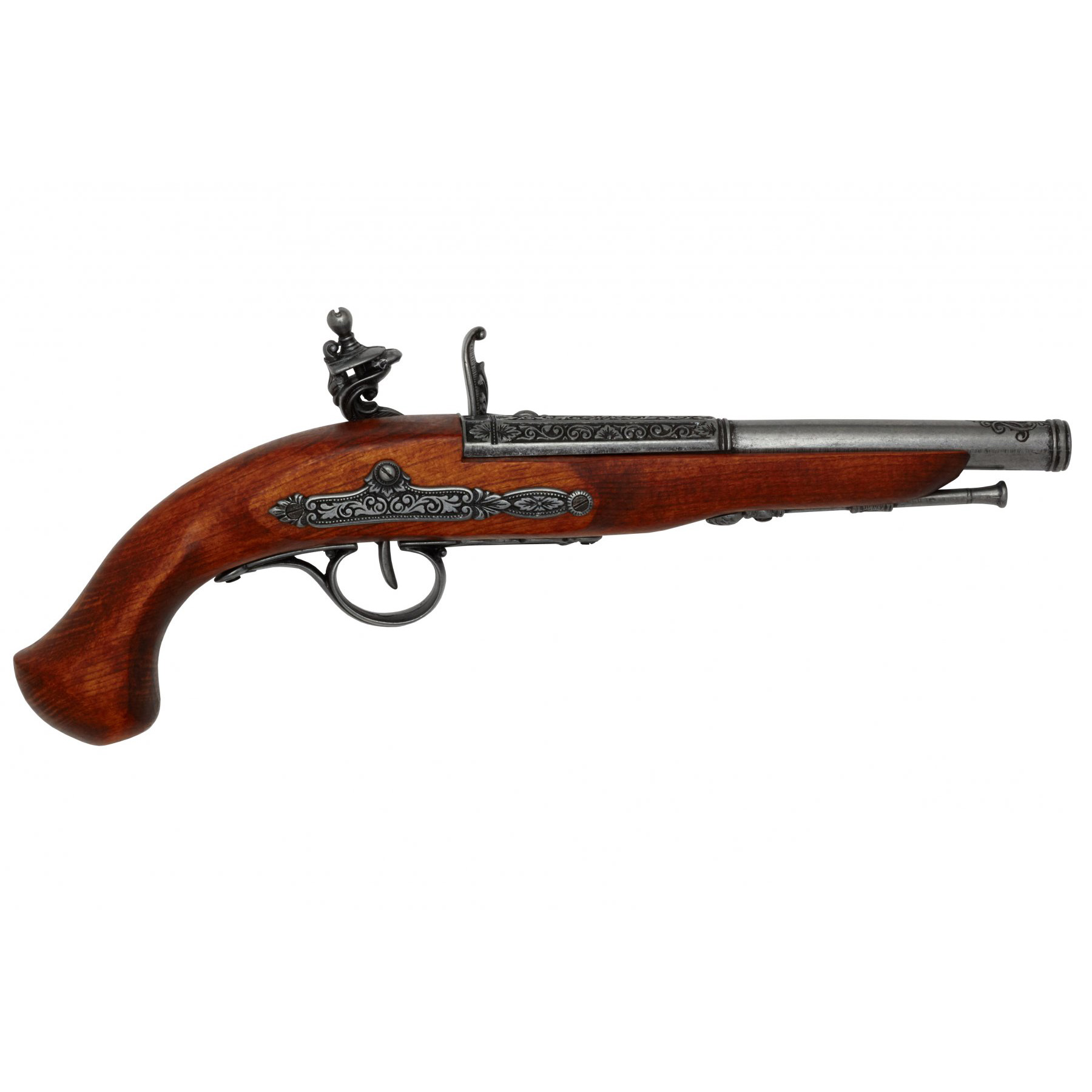 Pistola de pederneira para canhotos do século XVIII feita de madeira e metal