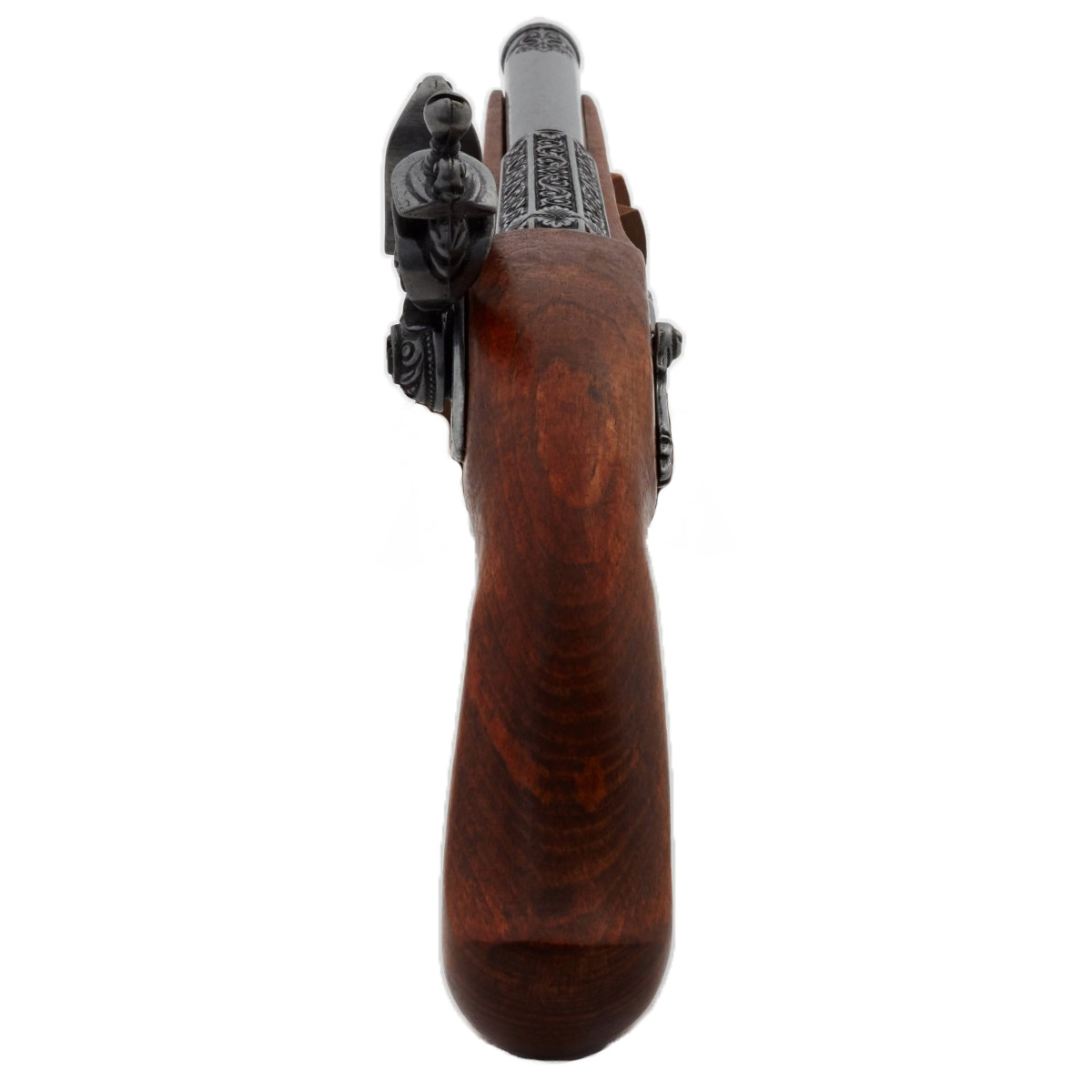 Pistola de pederneira para canhotos do século XVIII feita de madeira e metal