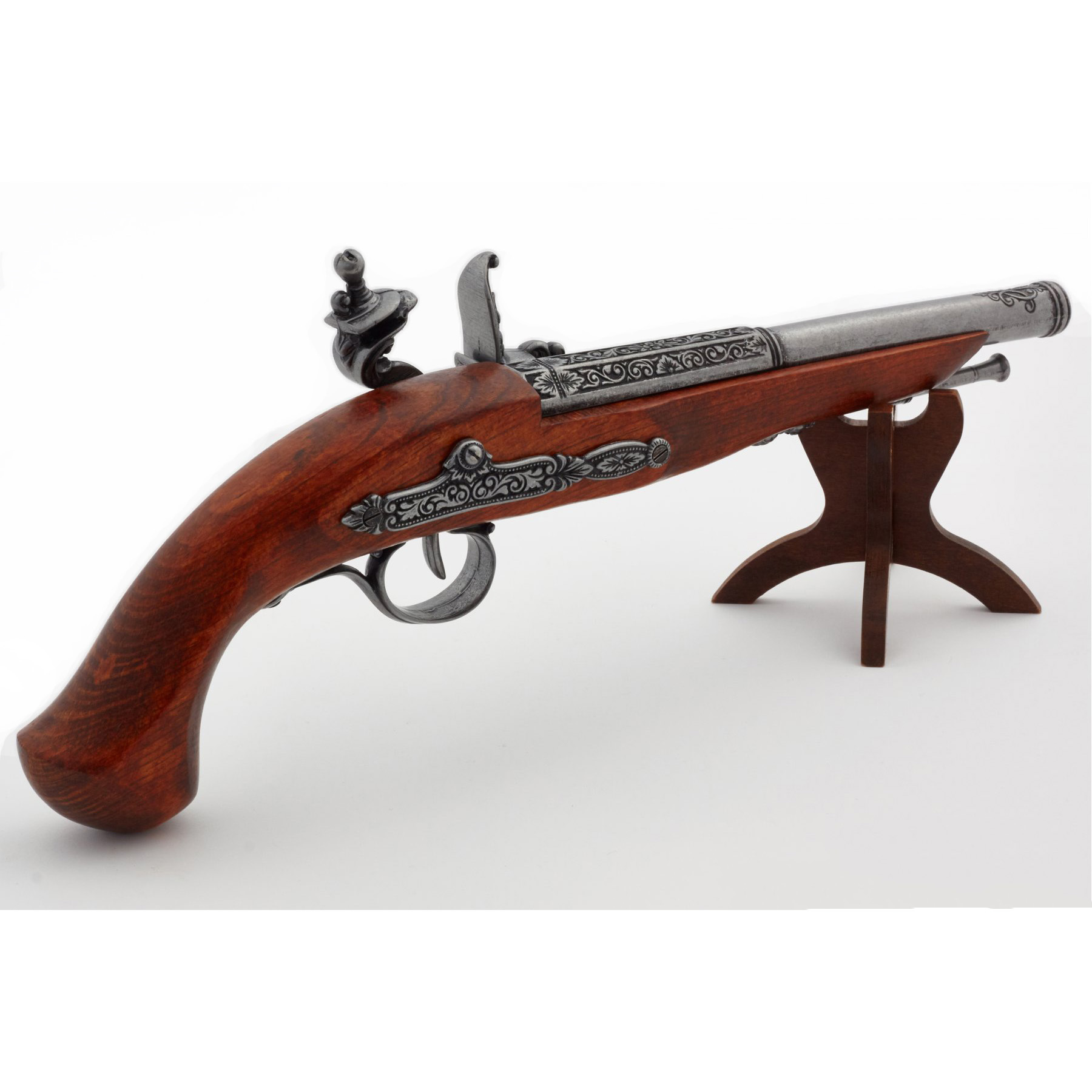 Pistola de pederneira para canhotos do século XVIII feita de madeira e metal