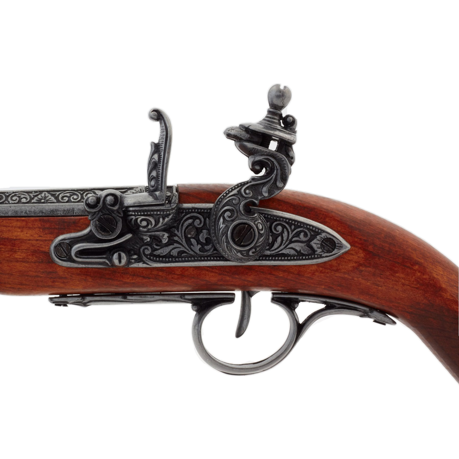 Pistola de pederneira para canhotos do século XVIII feita de madeira e metal