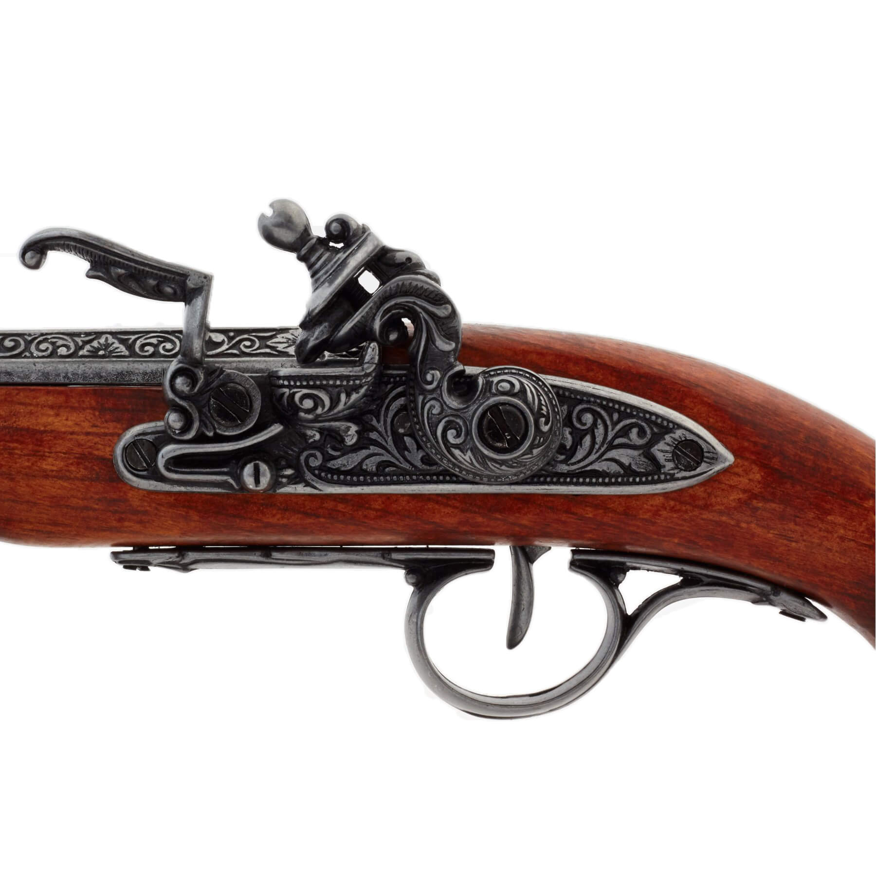Pistola de pederneira para canhotos do século XVIII feita de madeira e metal