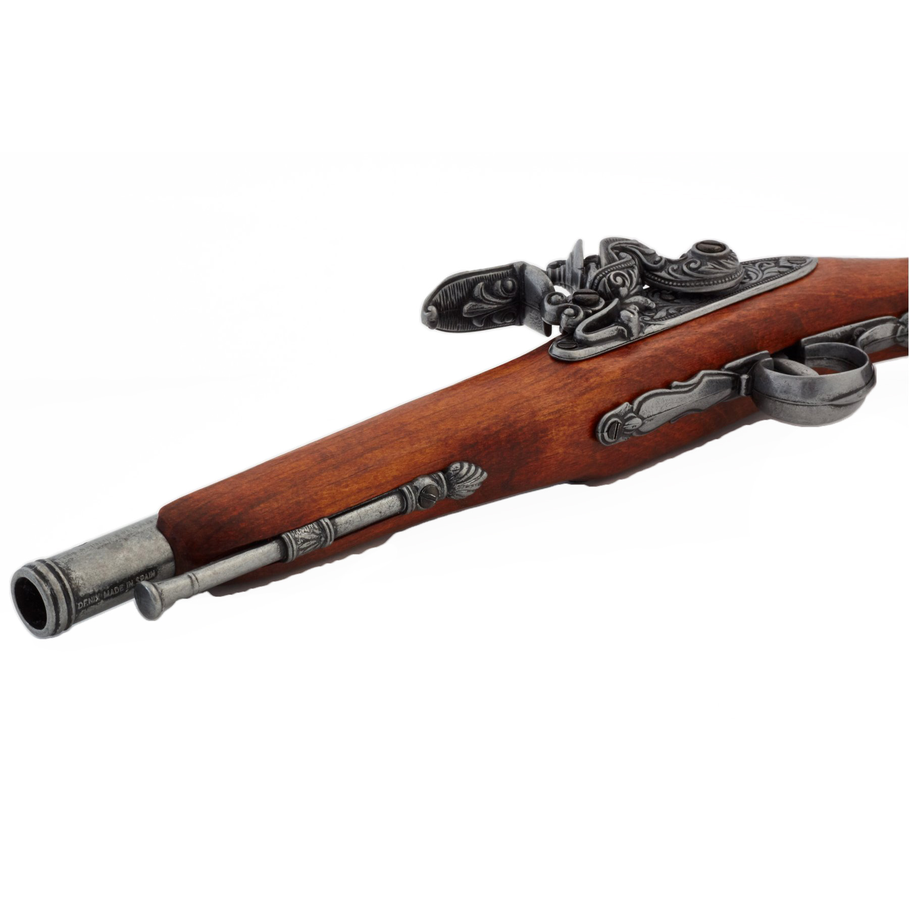Pistola de pederneira para canhotos do século XVIII feita de madeira e metal
