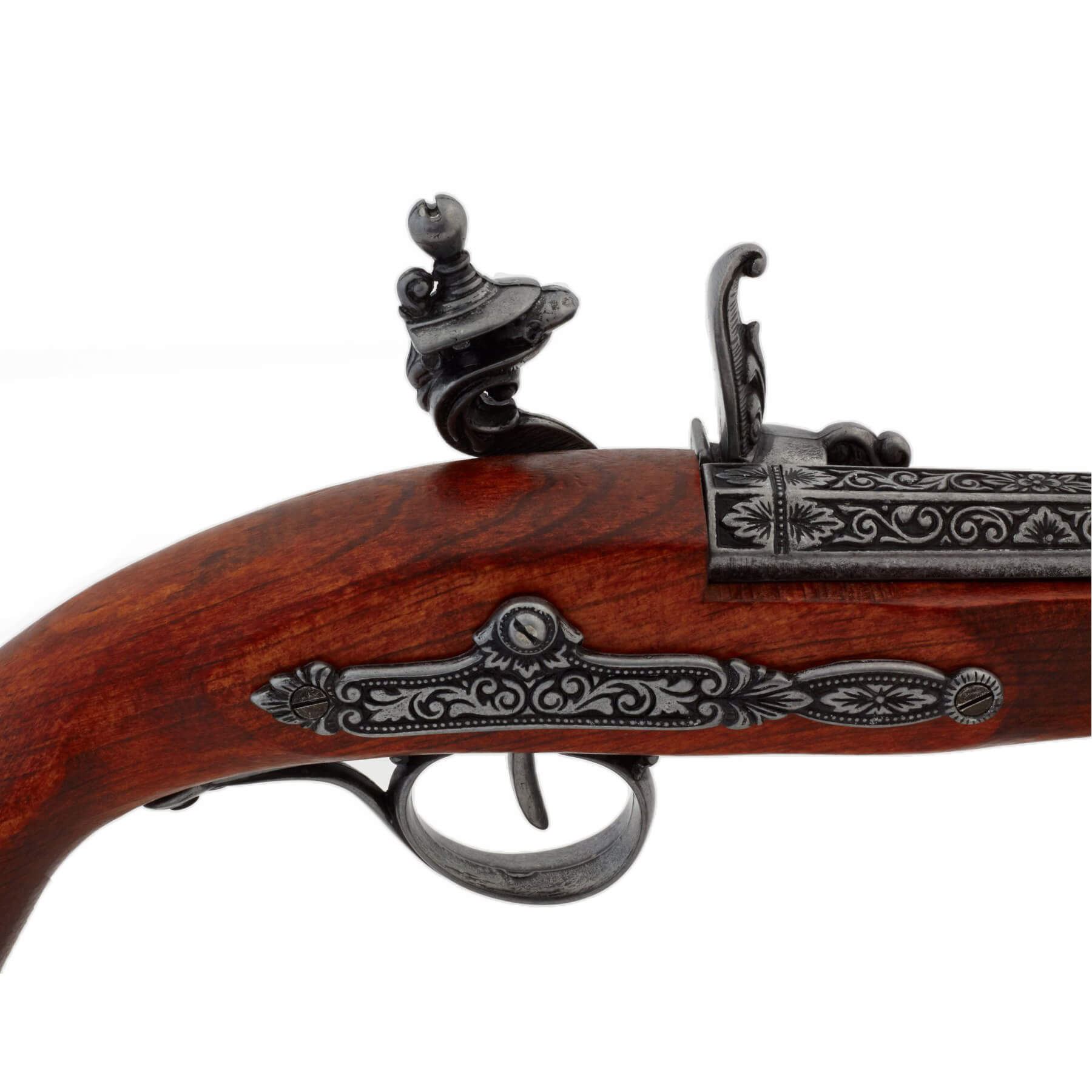 Pistola de pederneira para canhotos do século XVIII feita de madeira e metal