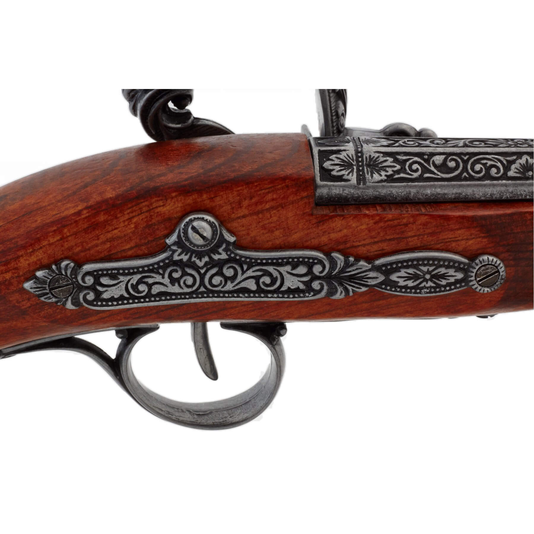 Pistola de pederneira para canhotos do século XVIII feita de madeira e metal