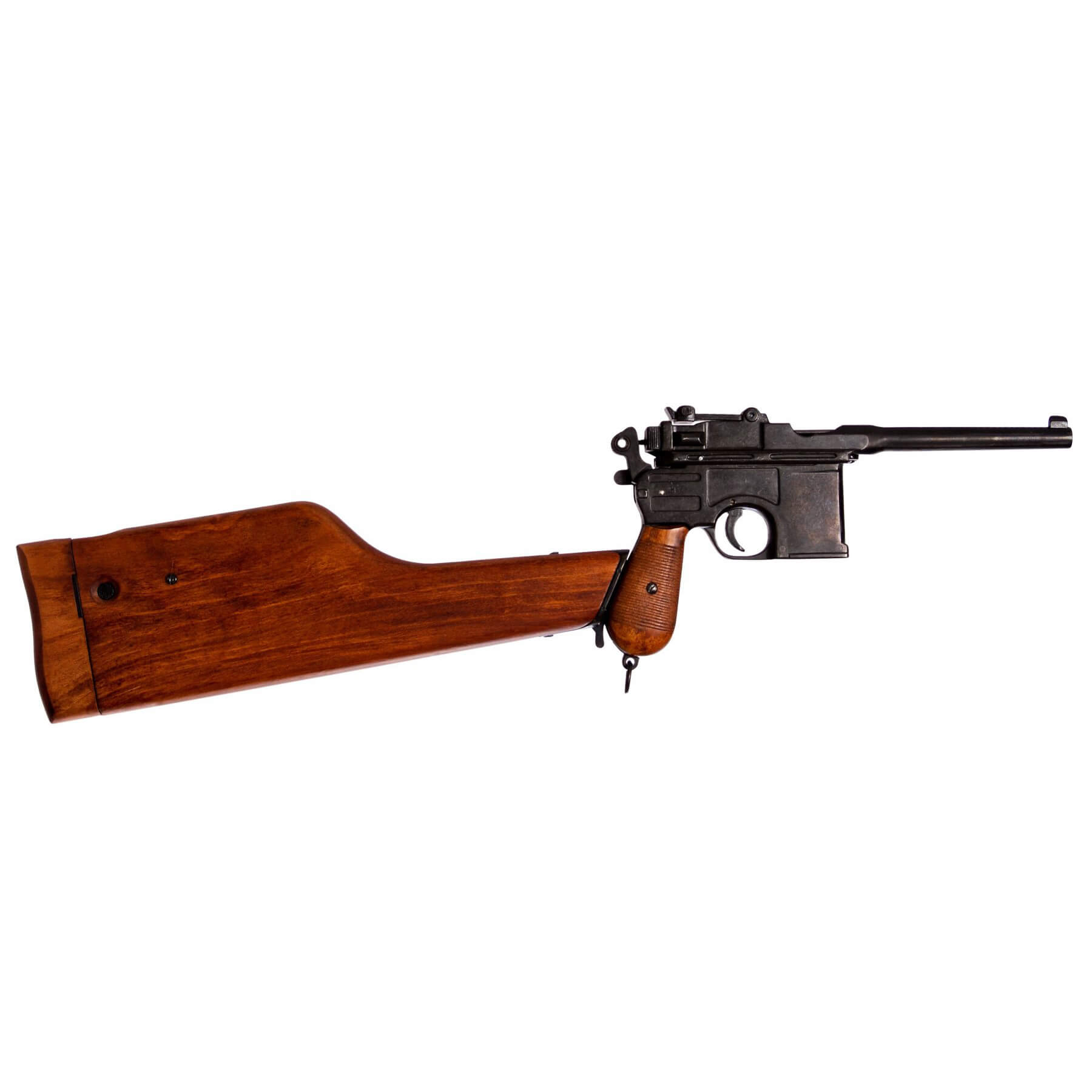 Pistola C96, Alemanha 1896 fabricada em metal com cabos de madeira e estojo