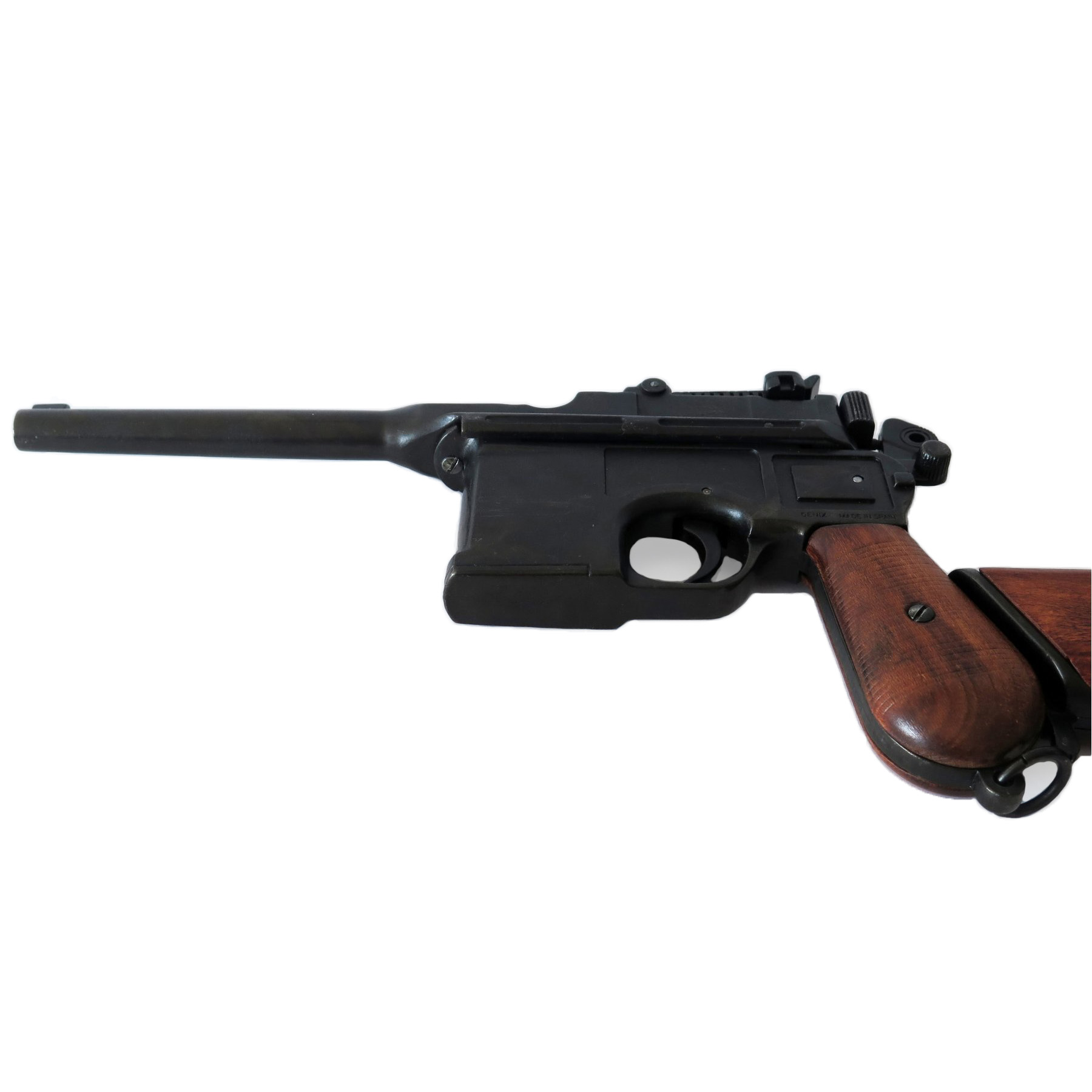 Pistola C96, Alemanha 1896 fabricada em metal com cabos de madeira e estojo