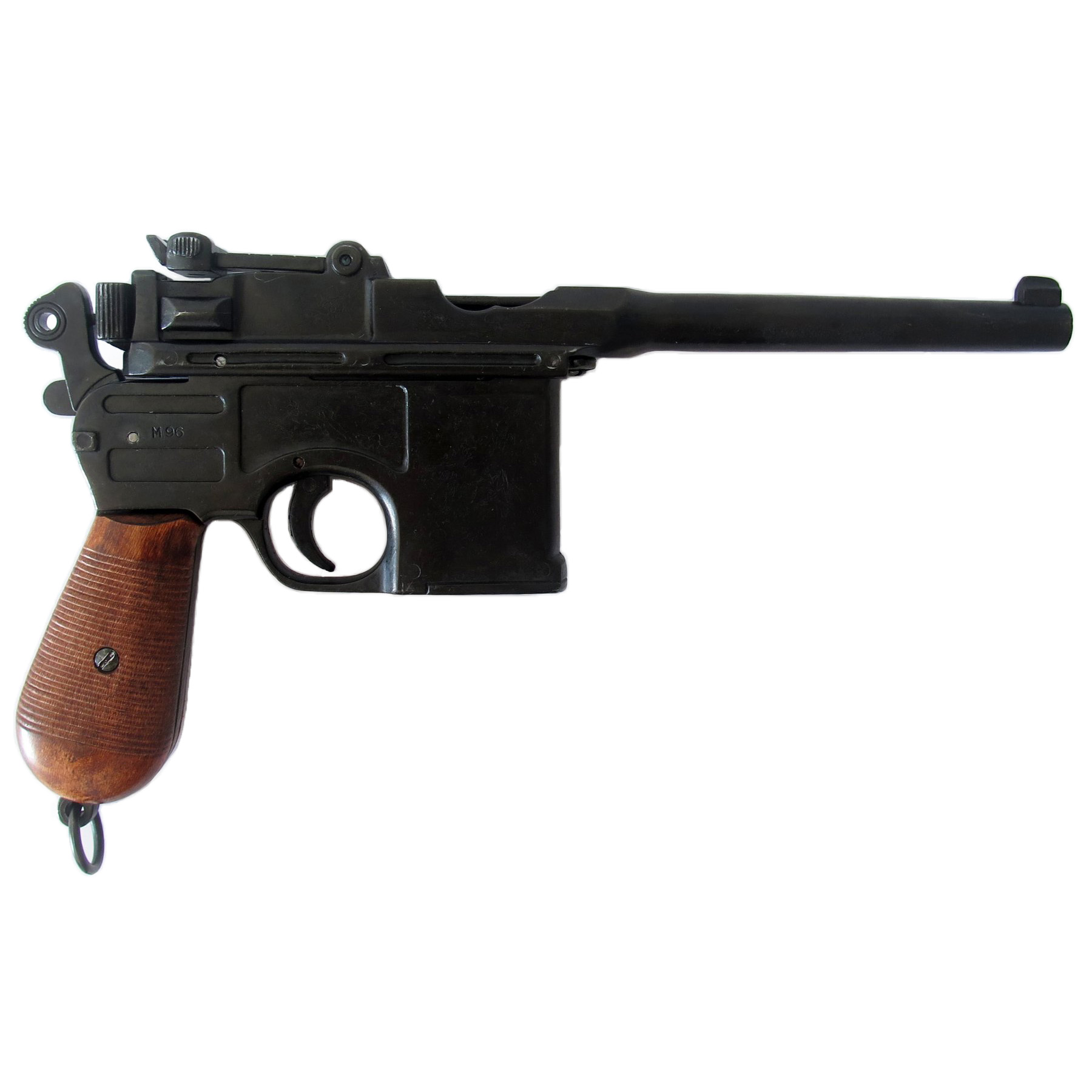 Pistola C96, Alemanha 1896 fabricada em metal com cabos de madeira e estojo