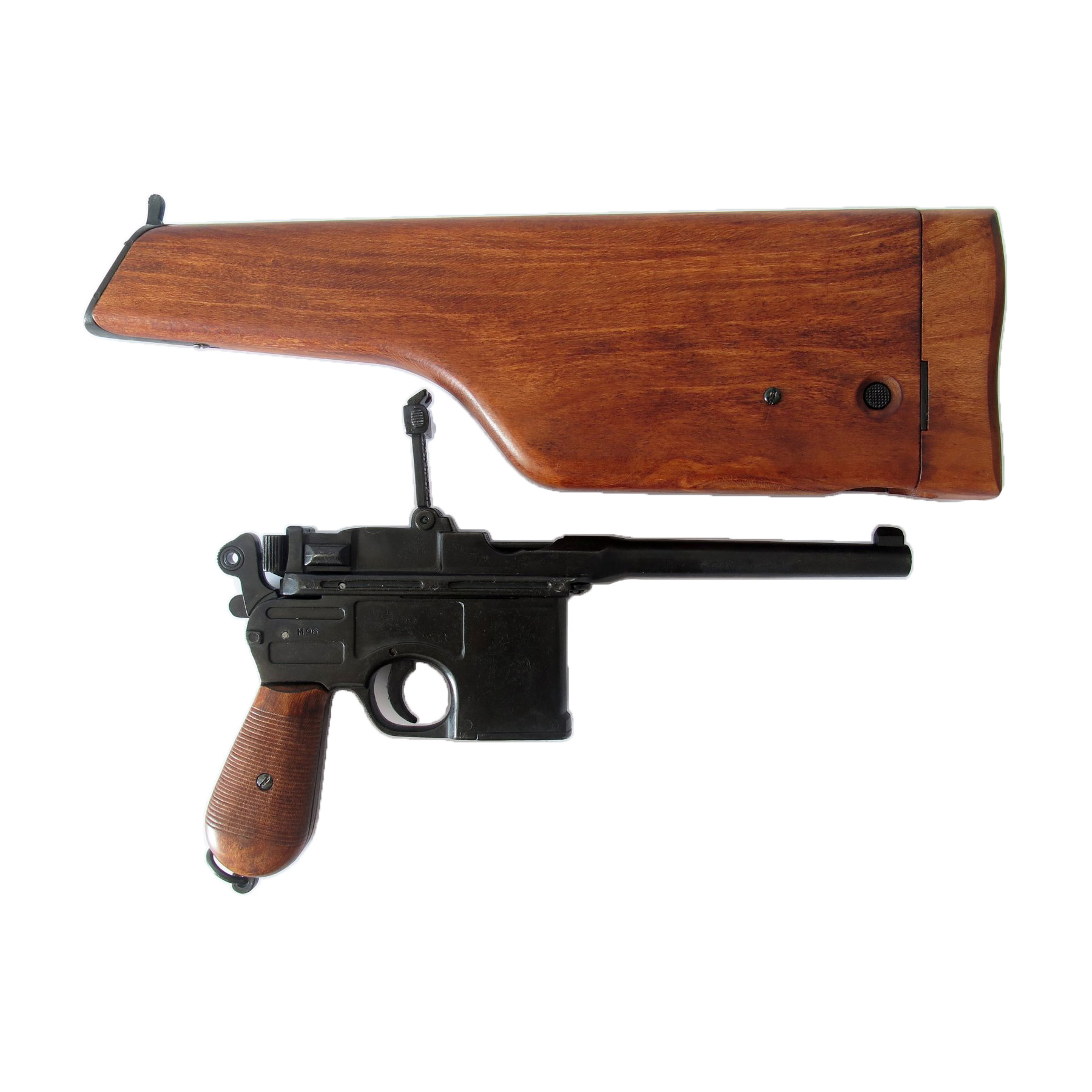 Pistola C96, Alemanha 1896 fabricada em metal com cabos de madeira e estojo