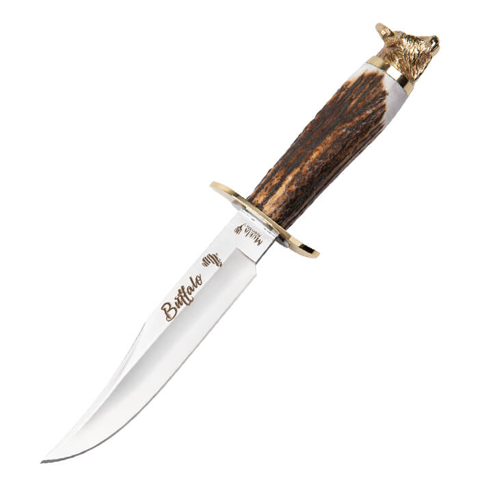 Cuchillo con puño de asta de ciervo, defensa latón e inox y pomo ...