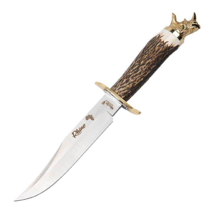 Couteau avec manche en corne de cerf, garde en laiton et acier in...