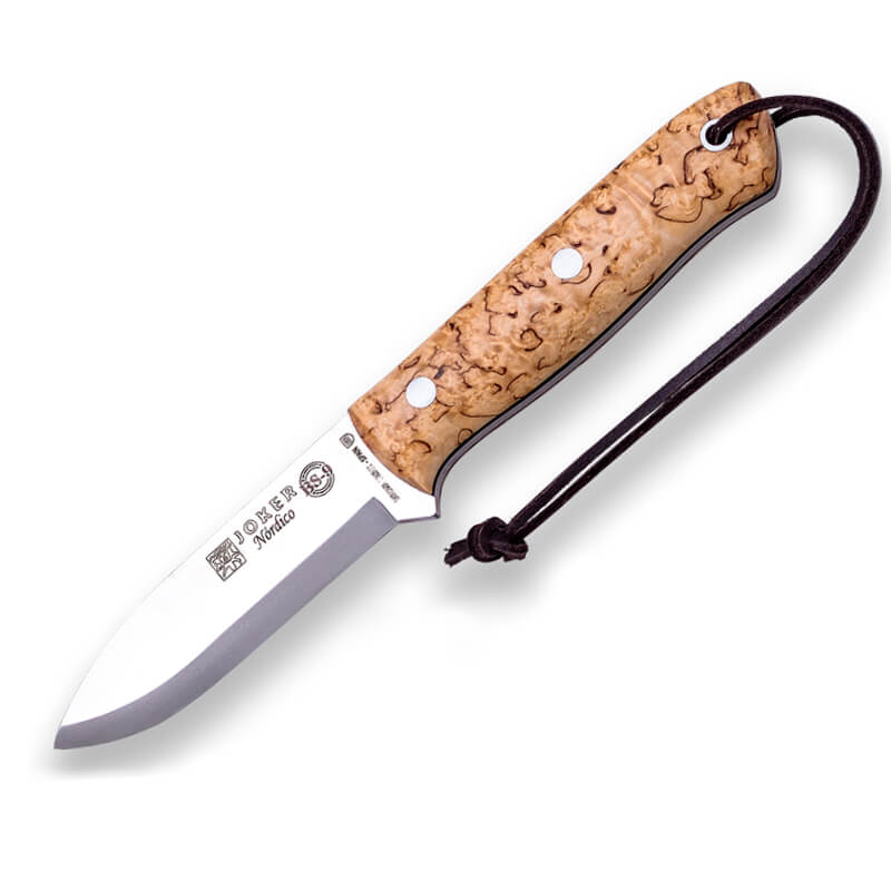 Cuchillo bushcraft BS9 Nórdico Joker con mango de abedul rizado y...