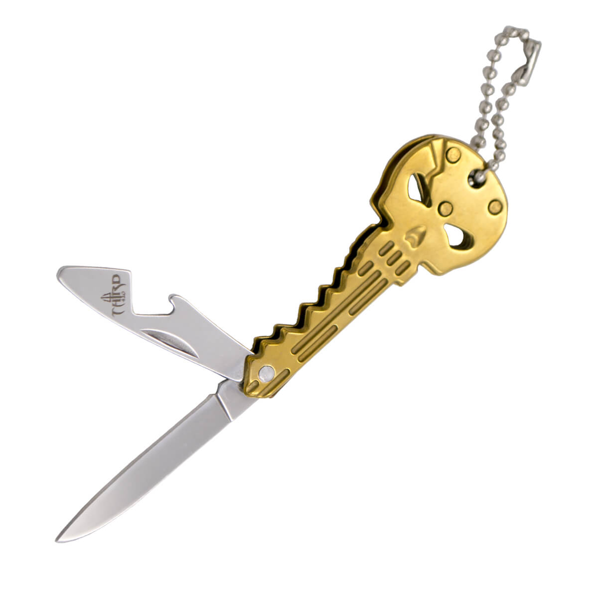 Coltello portachiavi teschio in acciaio inossidabile dorato con lama da 4,6 cm