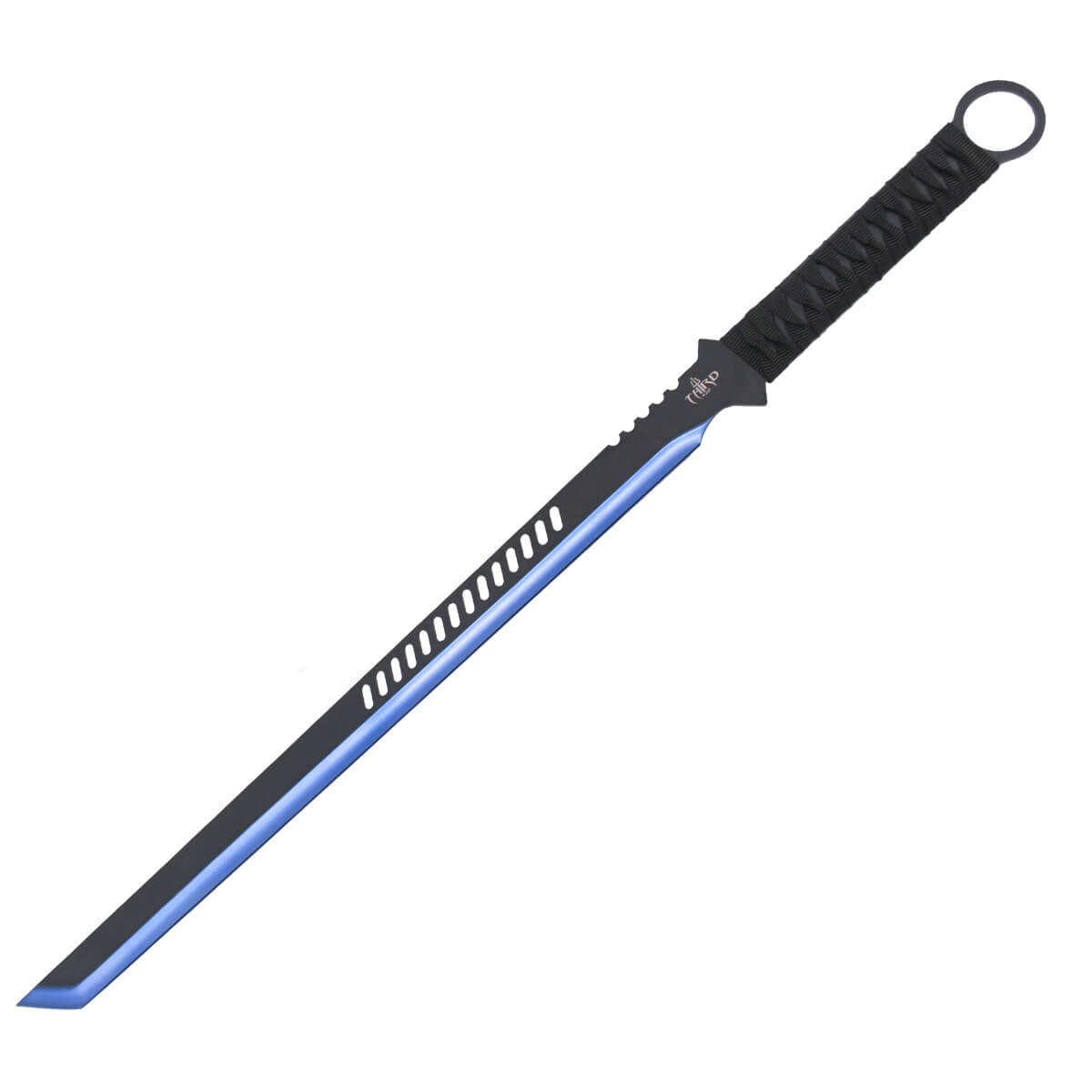 Machete con puño de cuerda trenzada negro y hoja negra con filo a...