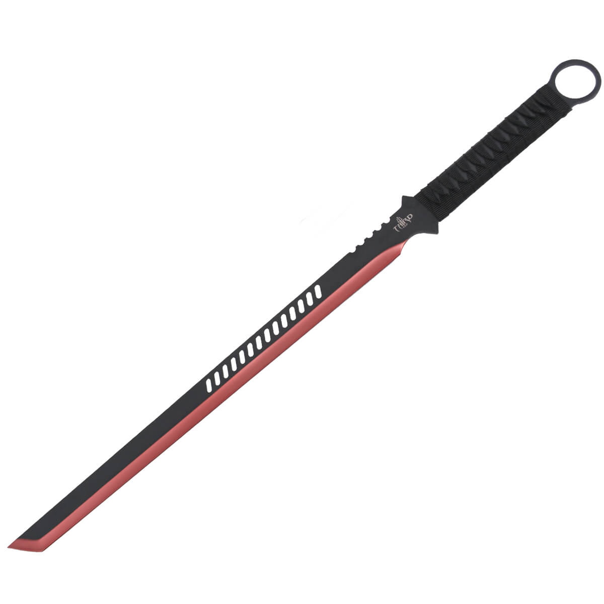 Machete con puño de cuerda trenzada negro y hoja negra con filo r...