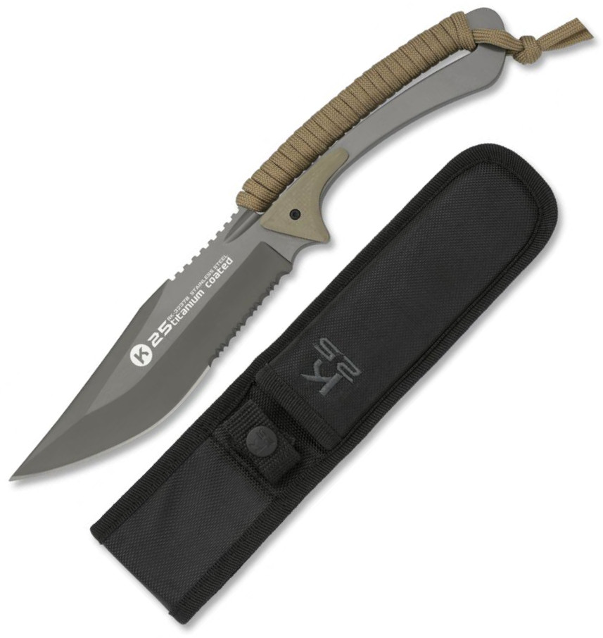 Cuchillo táctico K25 con mango encordado de color coyote y longitud total de 25 cm