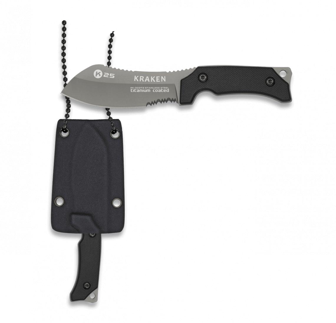 Cuchillo KRAKEN K25 con mango de G10 negro, funda colgante de kydex y hoja de 7,2 cm