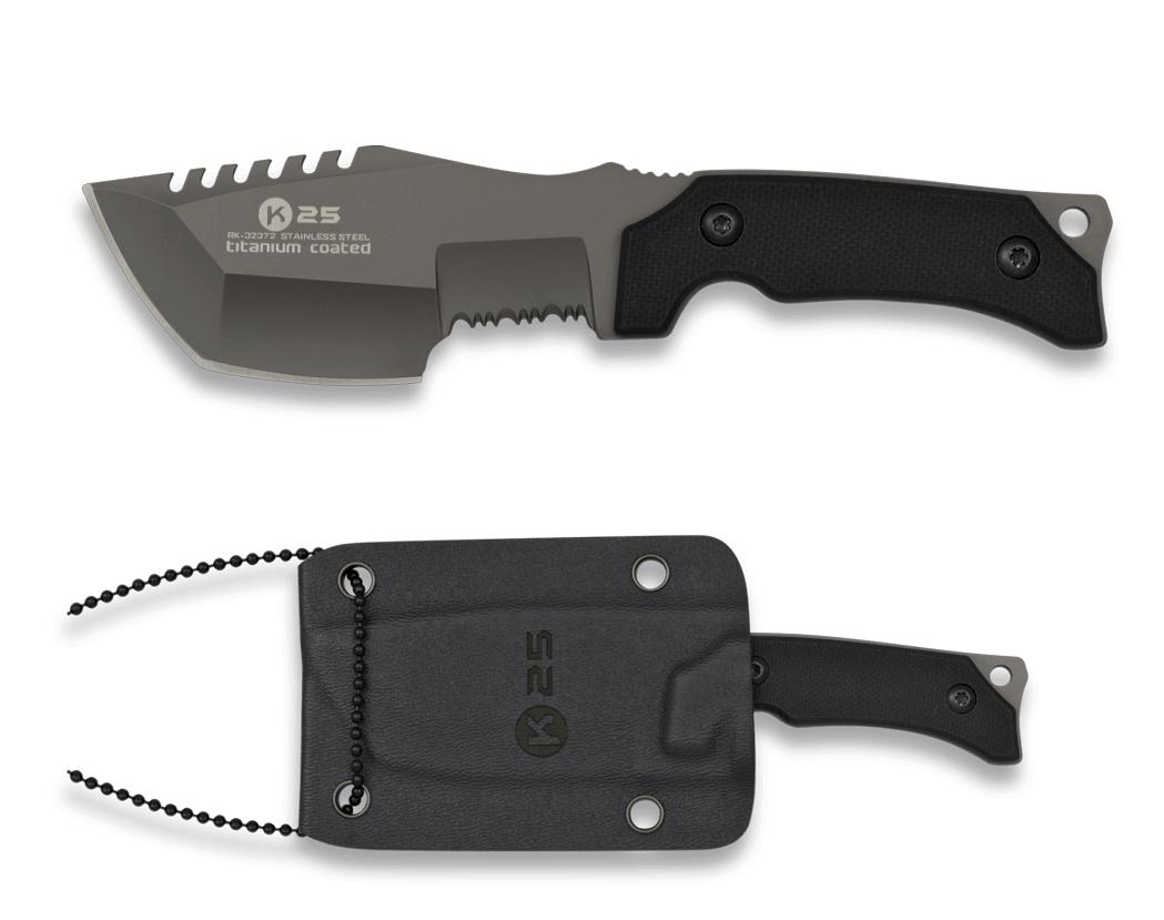 Cuchillo táctico K25 con funda de kydex, hoja revestida de titanio y 7,4 cm de largo