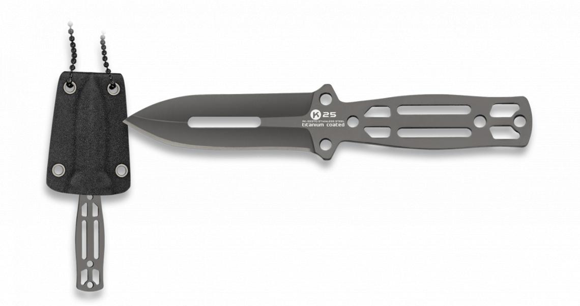 K25 Messer ohne Griffschalen mit 7,2 cm langer titanbeschichteter Klinge und hängender Kydexscheide