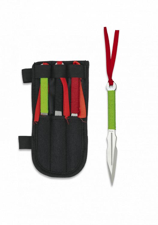 Conjunto de três facas de arremesso em verde, vermelho e preto po...