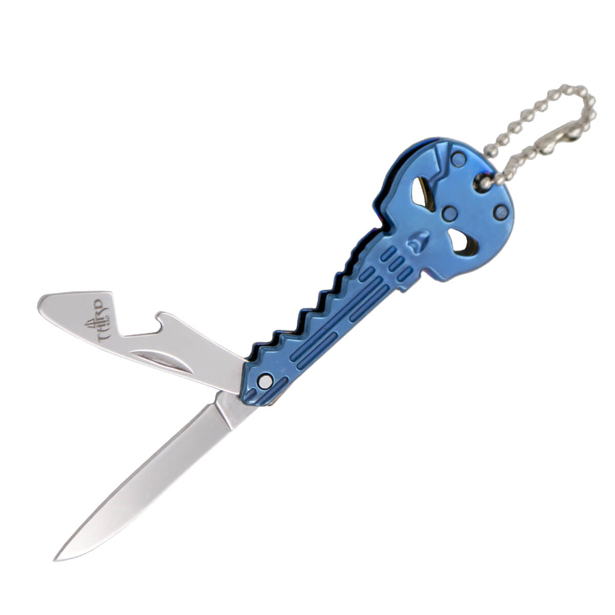 Coltello portachiavi teschio in acciaio inossidabile blu con lama da 4,6 cm