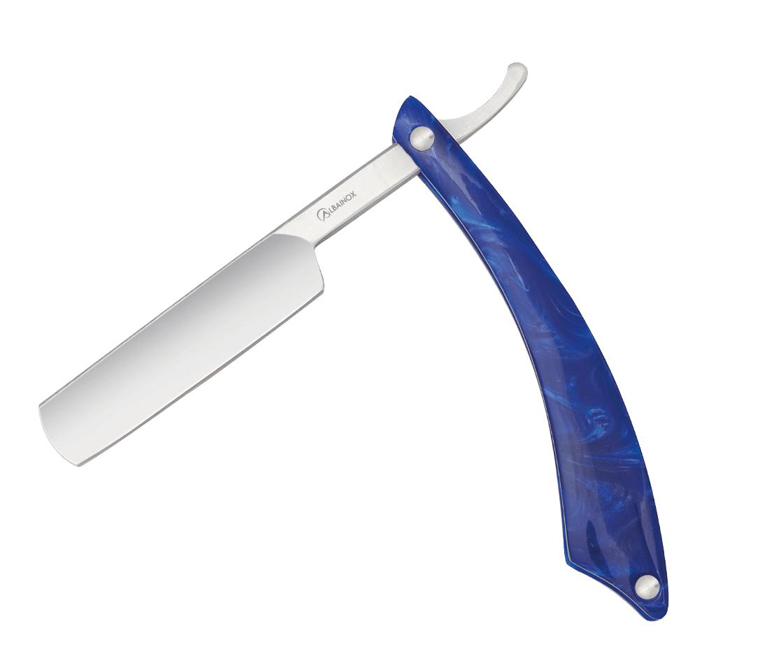 Nicht professionelles Albainox-Rasiermesser mit imitiertem blauem Perlmuttgriff und 14,7-cm-Klinge