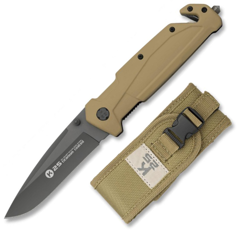 K25 pocket knife with TAN rubber handle and 9 cm length titanium coated blade