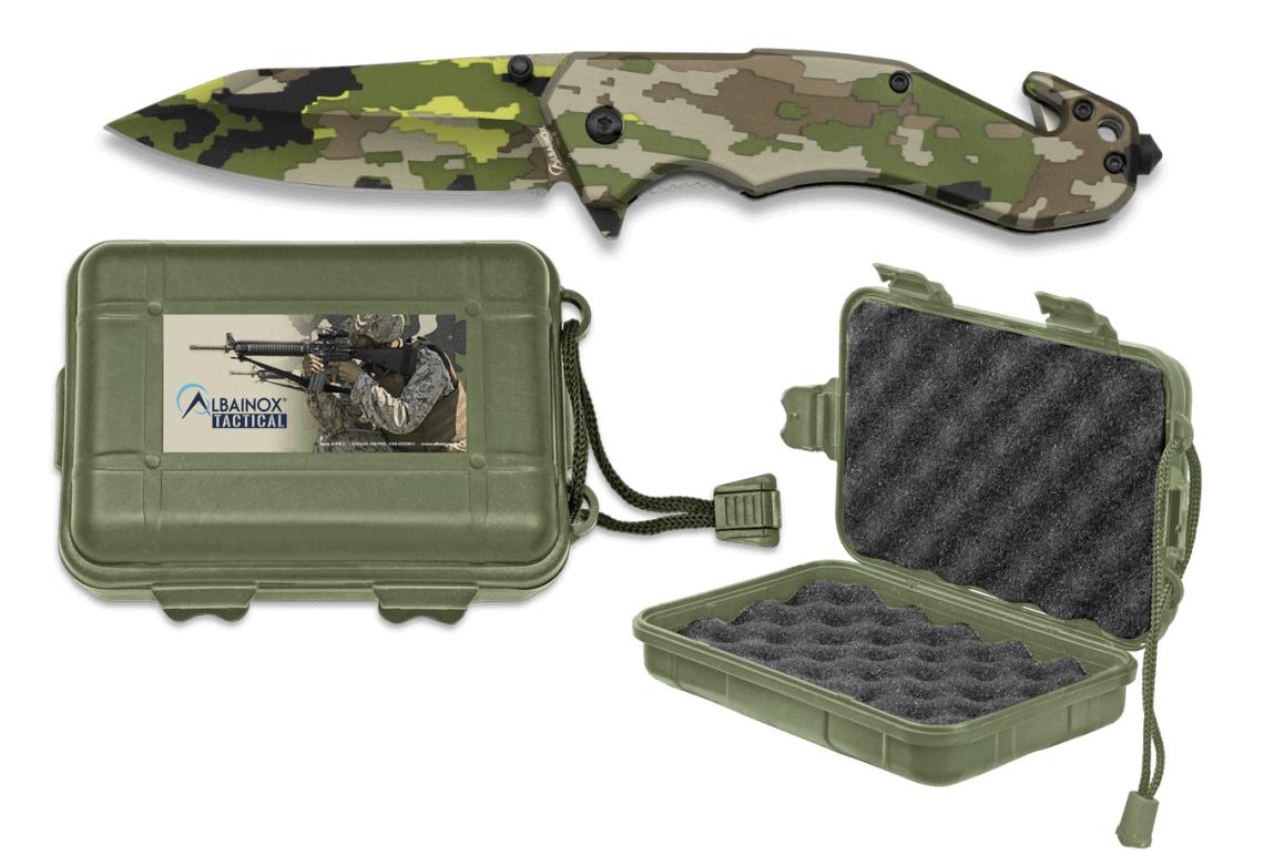 Couteau de poche de sécurité Albainox en camouflage vert présenté...