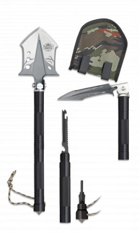 Pelle de survie professionnelle noire amovible avec 12 utilisatio...