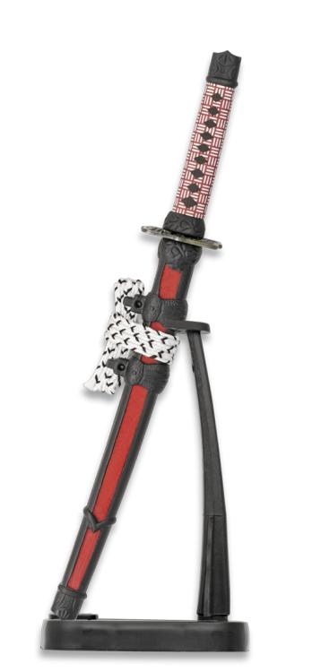 Mini Katana de color rojo y negro, mango ABS, con peana y hoja de...
