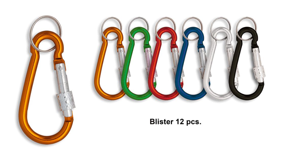 Colored carabiners of 7.5 cm presented in a blister of 12 units