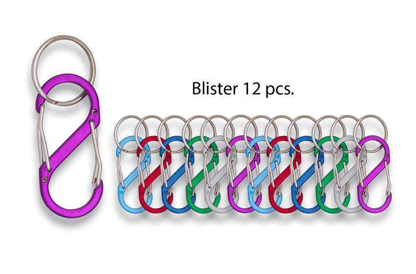 Figure eight carabiners in assorted colors of 9 cm in blister of 12 pieces