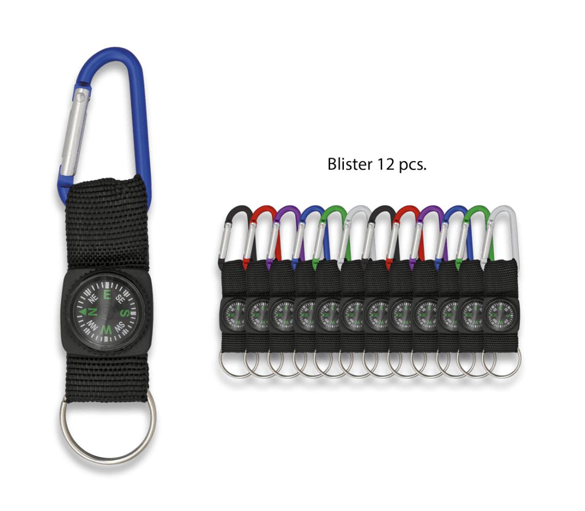 Carabiner key chains with compass in assorted colors and 11.5 cm presented in a blister of 12 pieces