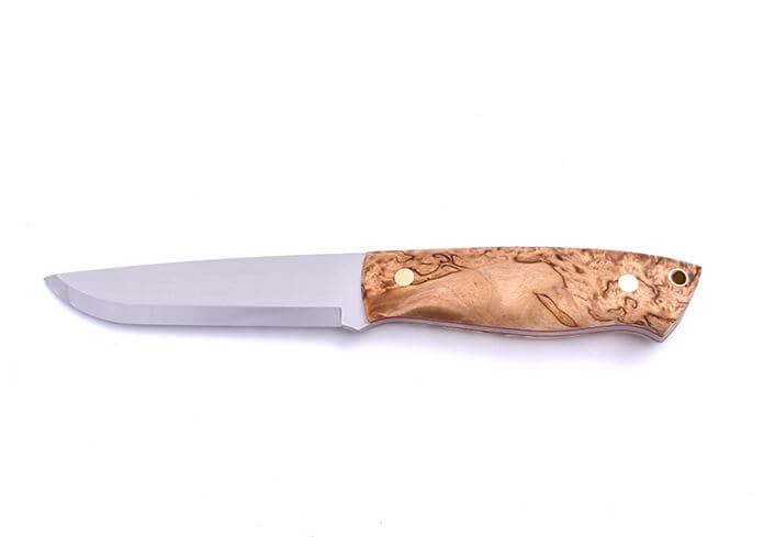 Cuchillo de Bushcraft Brisa Trapper 115 scandi con mango de madera estabilizada de abedul rizado con acero Elmax y funda bushcraft