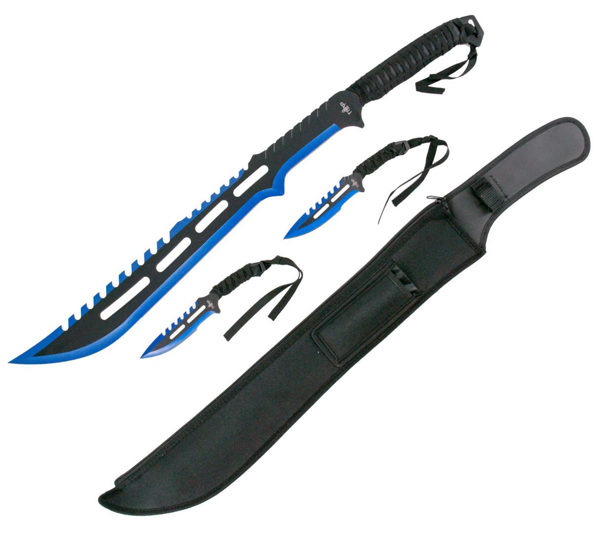 Conjunto de machete e 2 lança-lanças de gume azul negro