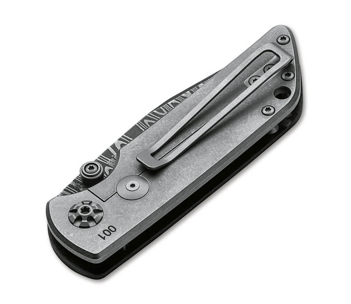 Canivete da coleção Boker M4 Sherman-Damast com lâmina de aço damasco e cabo de micarta