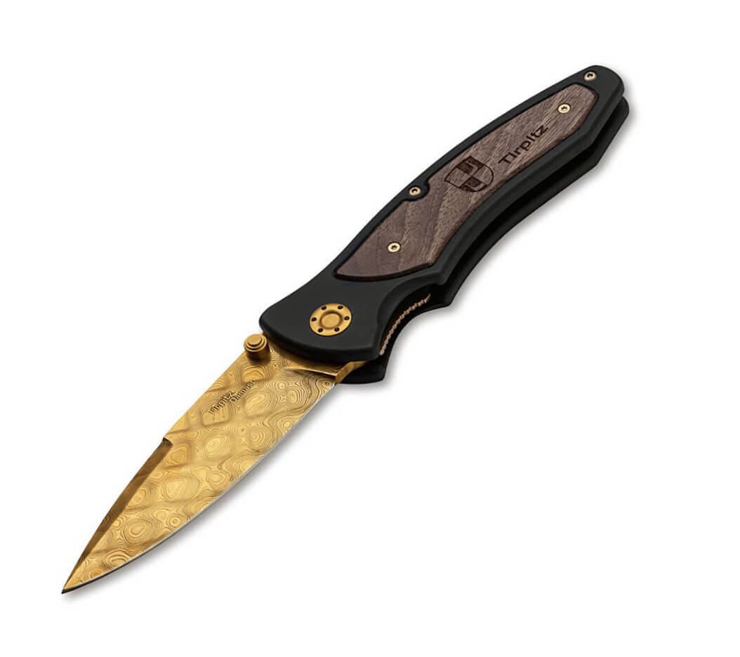 Navaja de colección Boker Tirpitz-Damast Gold con hoja de damasco...