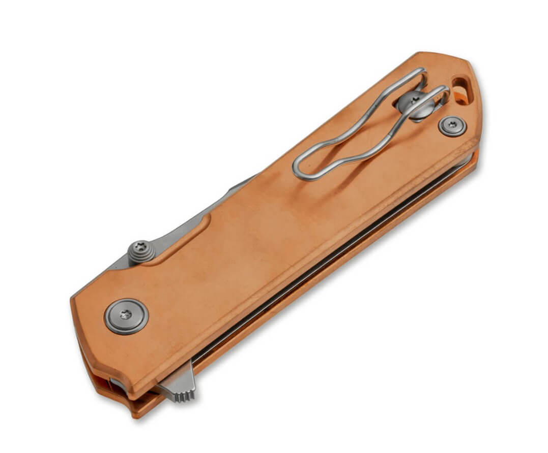 Boker Plus Kihon Assisted Copper tactical folding knife with copper handle and D2 steel blade