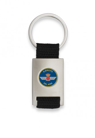 Chrome plated rectangle shaped keychain with black ribbon