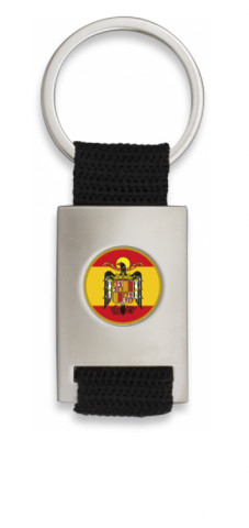 Chrome plated rectangle shaped keychain with black ribbon