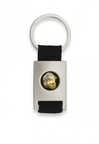 Chrome plated rectangle shaped keychain with black ribbon