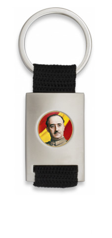 Chrome plated rectangle shaped keychain with black ribbon