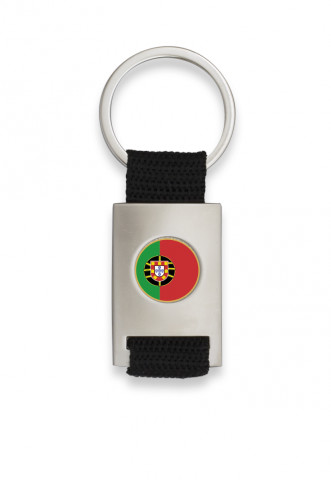 Chrome plated rectangle shaped keychain with black ribbon