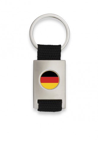 Chrome plated rectangle shaped keychain with black ribbon