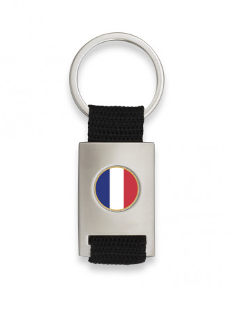 Chrome plated rectangle shaped keychain with black ribbon