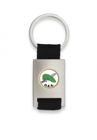 Chrome plated rectangle shaped keychain with black ribbon