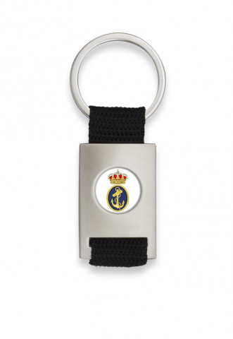 Chrome plated rectangle shaped keychain with black ribbon