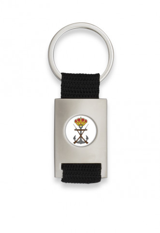 Chrome plated rectangle shaped keychain with black ribbon