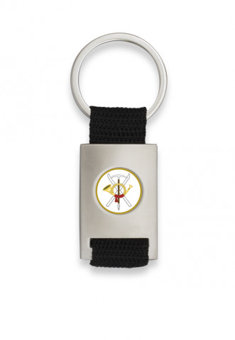 Chrome plated rectangle shaped keychain with black ribbon